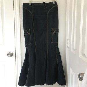 Bisou Bisou Michele Bohbot Vintage Dark Denim Maxi Mermaid Skirt w/ pockets